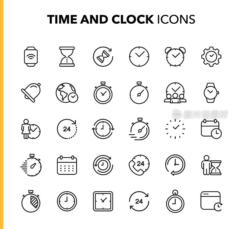 Time and Clock Line Icons. Editable Stroke. Pixel Perfect. For Mobile and Web. Contains such icons as Clock, Time, Deadline, Calendar, Smartwatch.